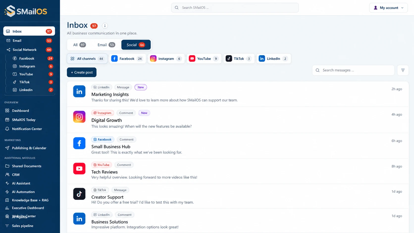 SMailOS unified business inbox and social channels